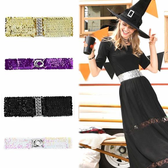 Ladies Sequins Decor Metal Interlooking Buckles Elastic Waist Belt One Size😍 - Picture 6 of 6